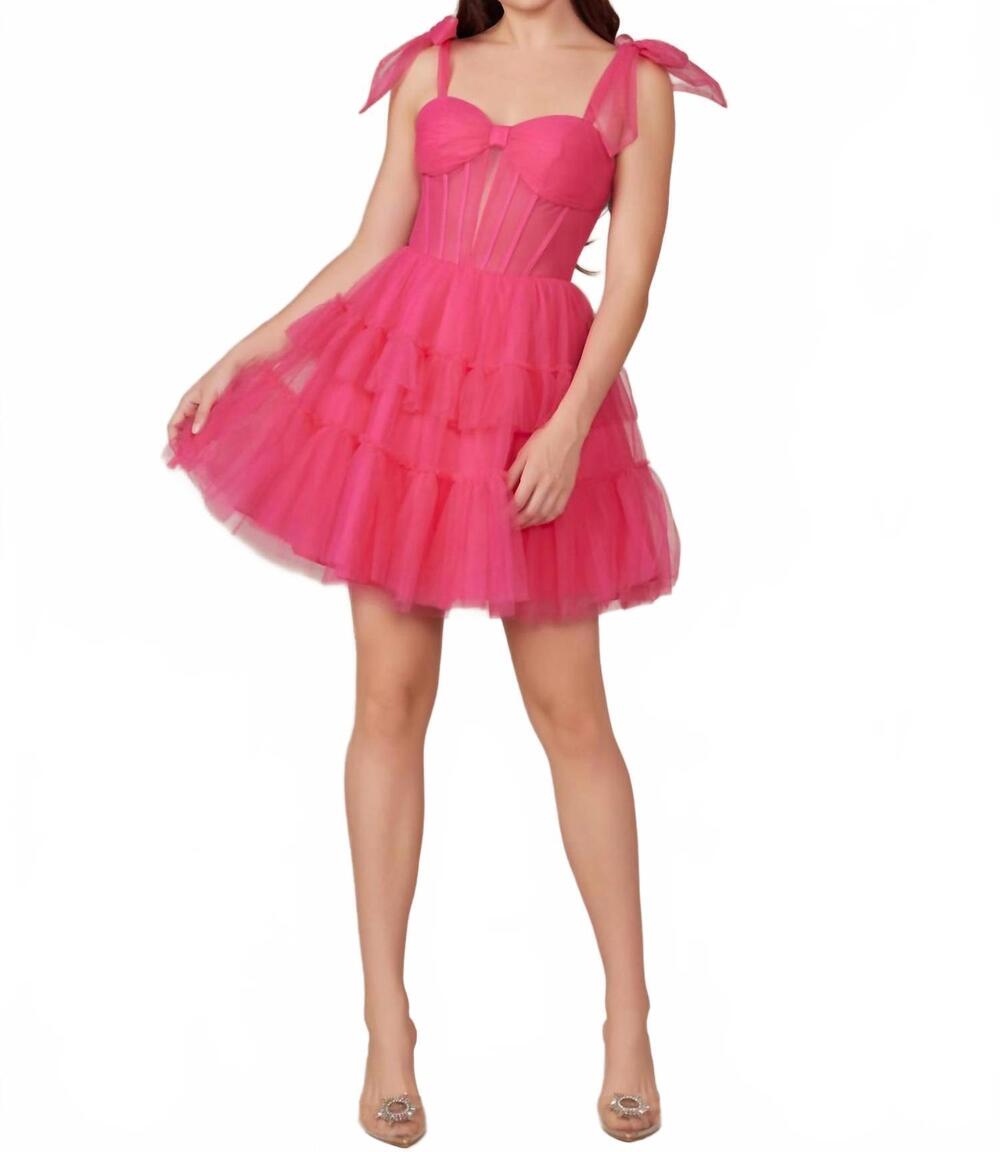 NEW NOX ANABEL short sleeveless tiered a-line prom dress in fuchsia